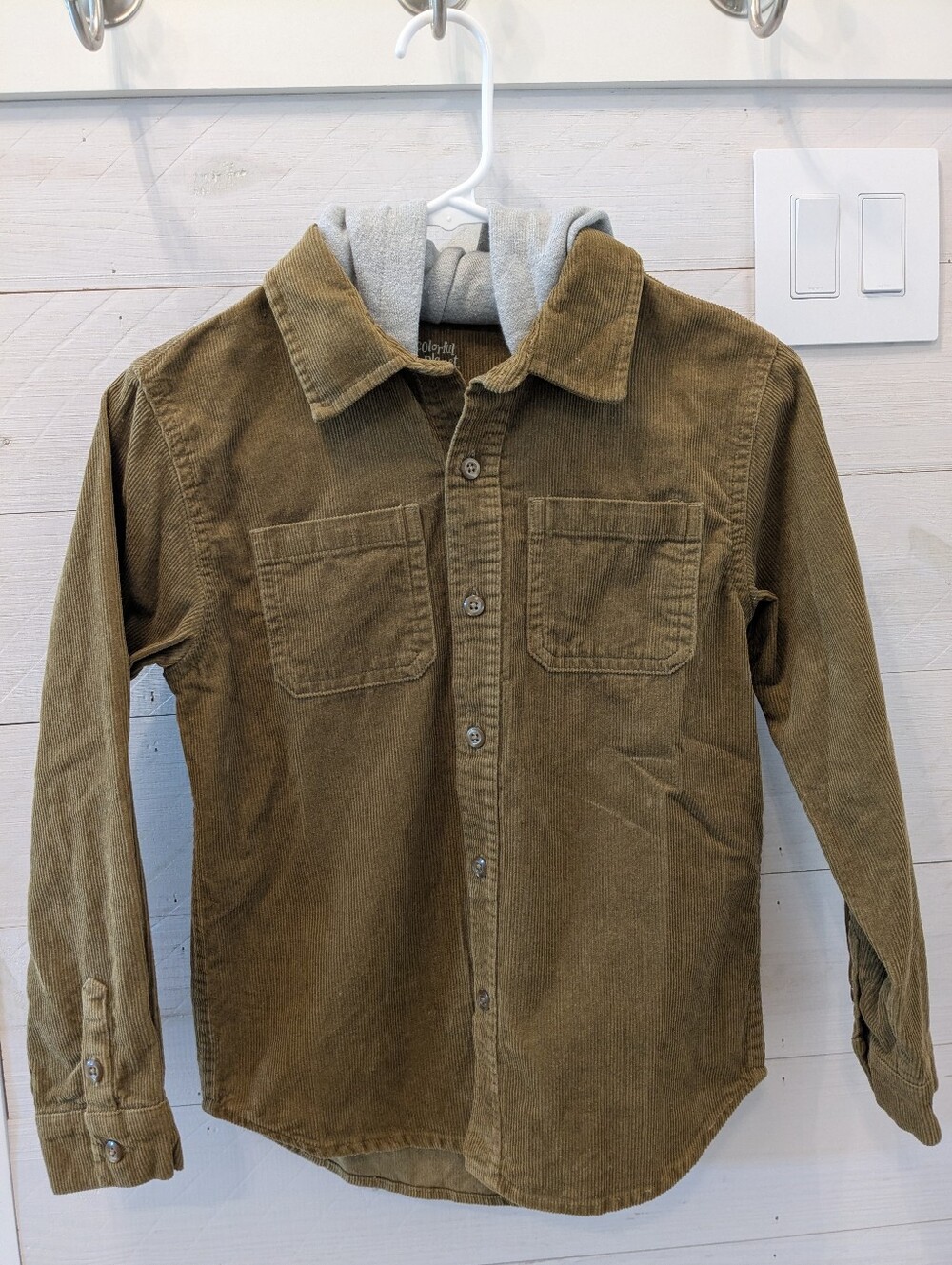 🍂 Colorful Planet Boy's Corduroy Button-Front Shirt w/ Attached Hood; Size: 8 M